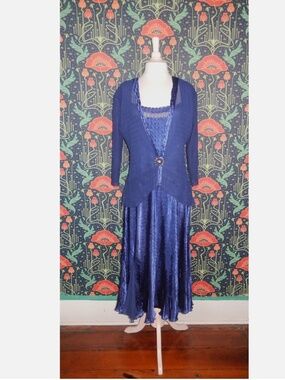 Komorov Sapphire Blue Crinkled Plisse Dress Cardigan Set XL